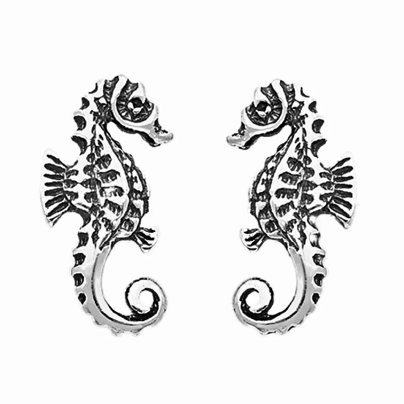 women’s oval earrings-Oxidized Sterling Silver Seahorse Stud Earrings