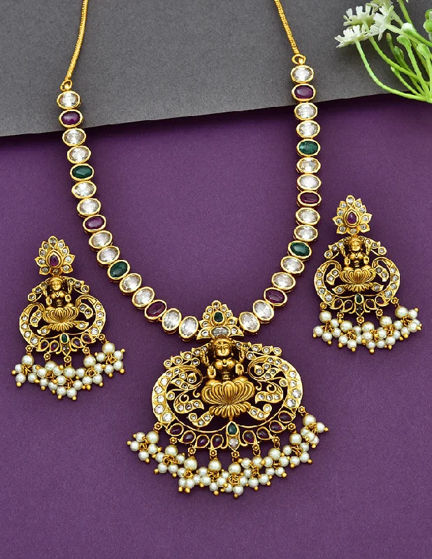 women’s gemstone necklaces-Designer Antique Plated Kempu Necklace Set