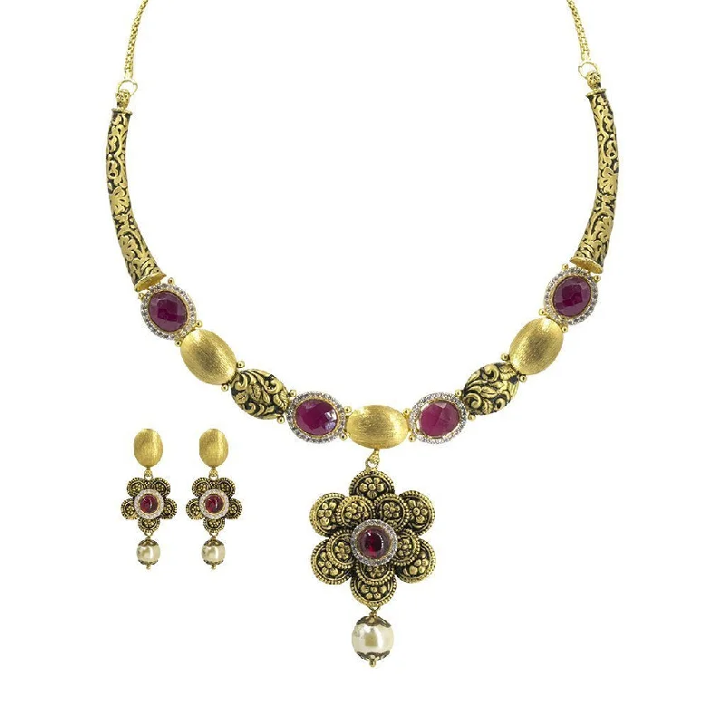 women’s fine necklaces-22K Yellow Gold Necklace & Earrings Set W/ Ruby, CZ & Hanging Pearl on Engraved Flower Crescent Choker