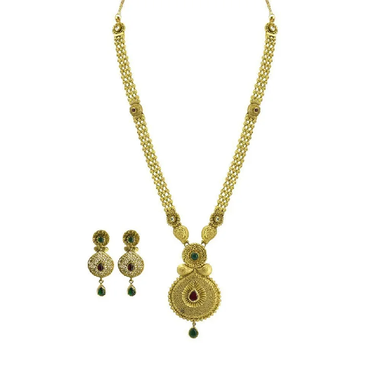 women’s gold necklaces-22K Yellow Gold Necklace & Earrings Set W/ Kundan & Matte Finish Details on Ornate Beaded Chain