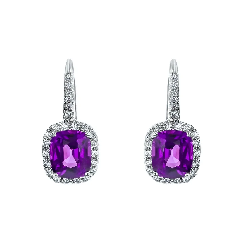 women’s silver hoop earrings-Purple Garnet Diamond Halo Drop Earrings