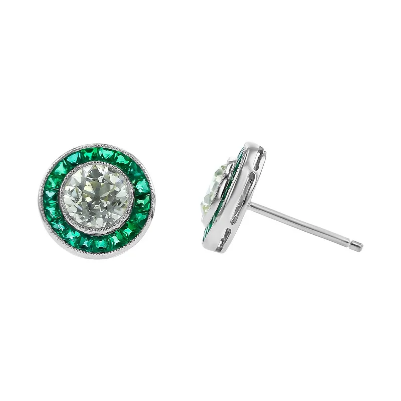 women’s sparkling earrings-Platinum Diamond and Emerald Halo Stud Earrings