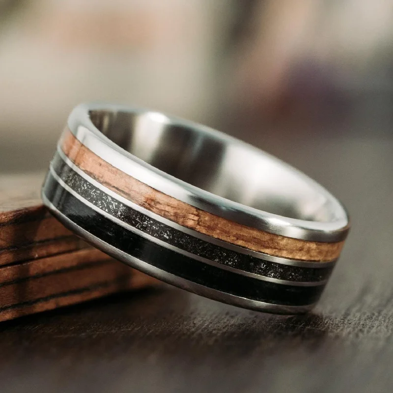 women’s heart-shaped diamond engagement rings-The Mariner | Men's Titanium Wedding Band with Meteorite, Whiskey Barrel and Teak Wood Inlays