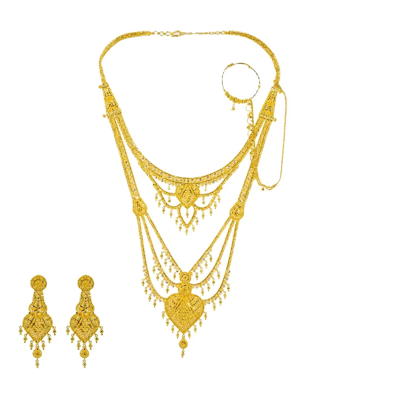 women’s necklaces-22K Yellow Gold Long Necklace & Earrings Set W/ Nath Nose Ring & Filigree Designs