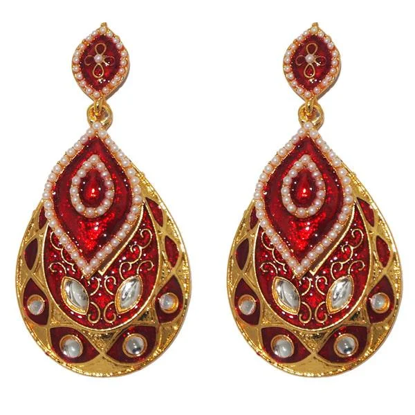 women’s fashion statement earrings-Kriaa Red Meenakari Gold Plated Dangler Earrings - 1303123