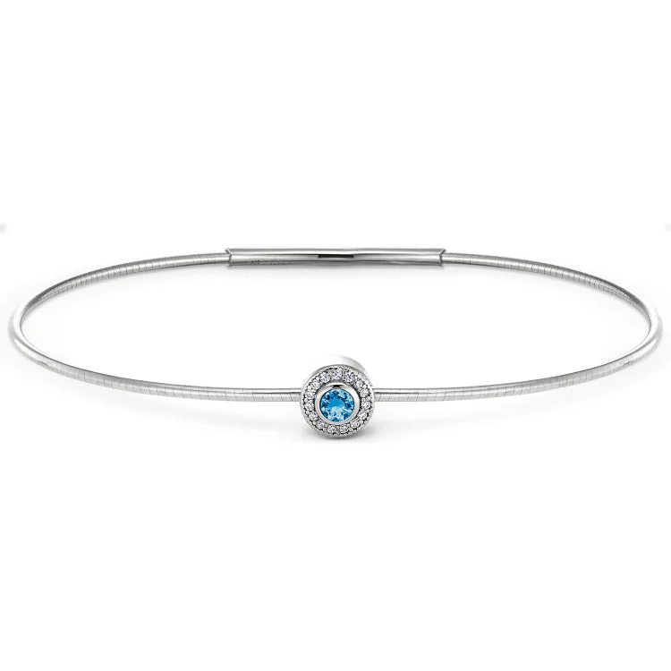 women’s holiday bracelets-Platinum Finish Sterling Silver Round Simulated Blue Topaz Birth Gem Bracelet with Simulated Diamonds