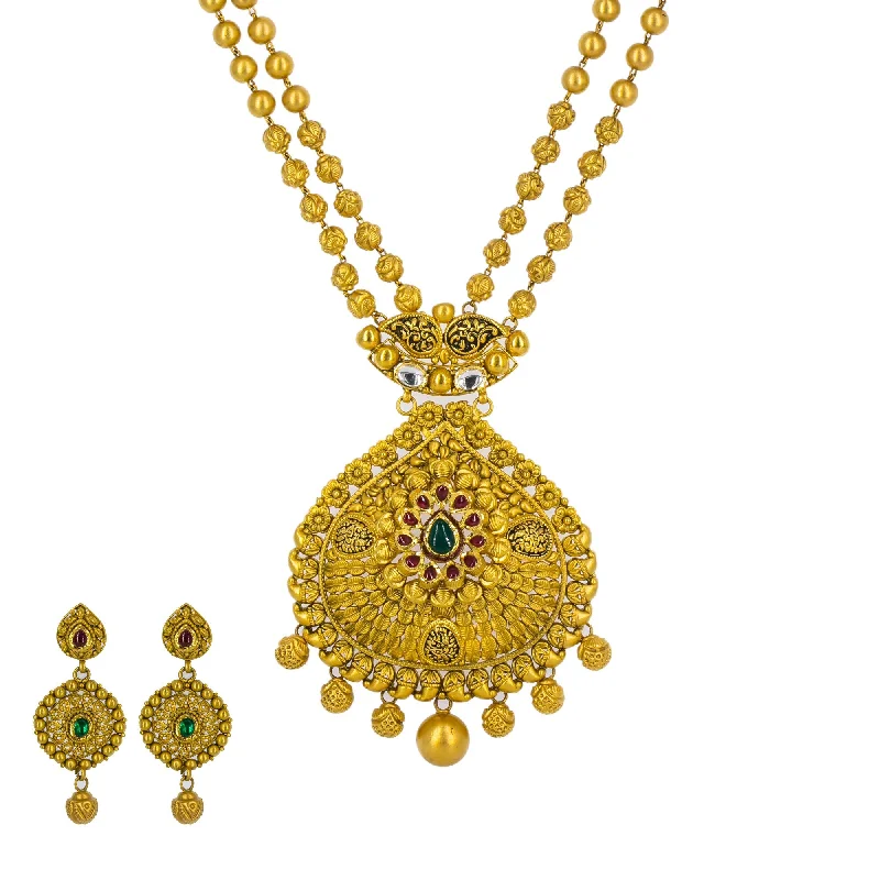 women’s custom necklaces-22K Yellow Gold Long Necklace & Earrings Set W/ Draping Beaded Filigree Design