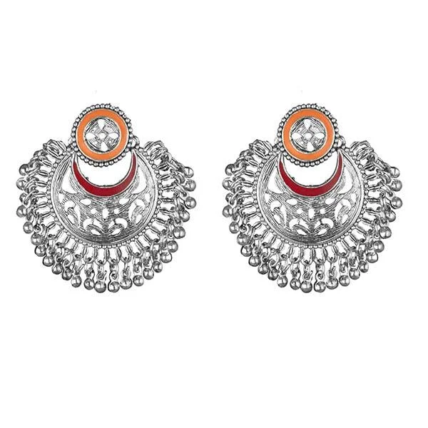 women’s cubic zirconia earrings-Kriaa Orange And Red Meenakari Silver Plated Afghani Earrings - 1311906K