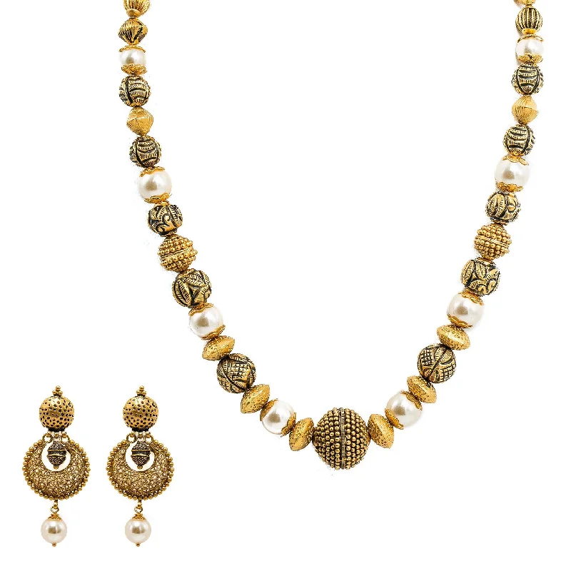 women’s diamond necklaces-22K Yellow Gold Necklace & Chandbali Earrings Set W/ Pearls & Hallow Textured Beads