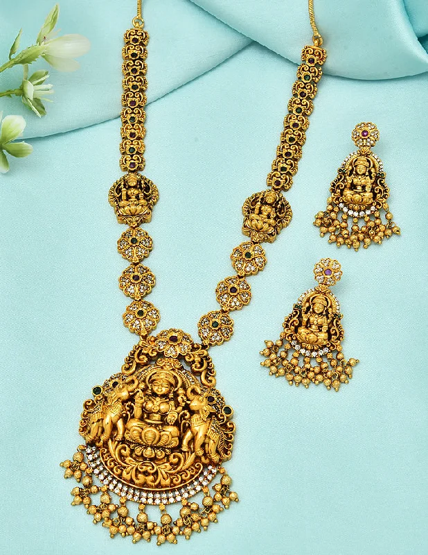 women’s couple necklaces-Designer Antique Lakshmi Devi Necklace Set