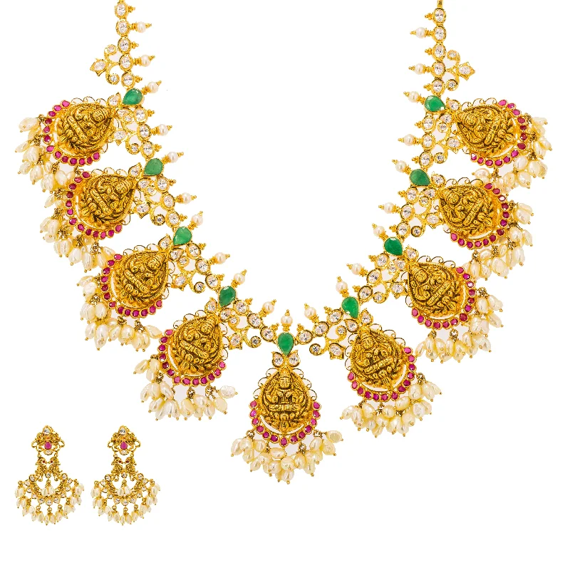 women’s adjustable necklaces-22K Yellow Gold Guttapusalu Necklace & Earrings Set W/ Rubies, Emeralds, CZ Gems, Pearls & Laxmi Accents