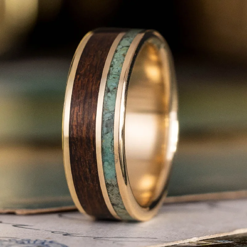 women’s platinum engagement rings-The Yukon | Men's Gold Wedding Band with Green Sonoran Turquoise & Mahogany