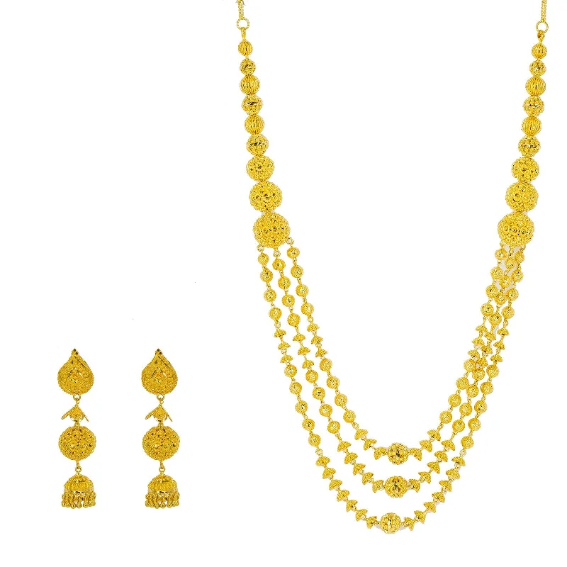 women’s charm pendant necklaces-22K Yellow Gold Necklace & Jhumki Drop Earrings Set W/ Gold Balls & Cap Accents