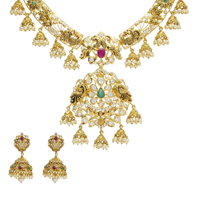 women’s star necklaces-22K Yellow Antique Gold Necklace & Jhumki Earrings Set W/ Pachi CZ, Rubies, Emeralds, Pearls & Peacocks Accents