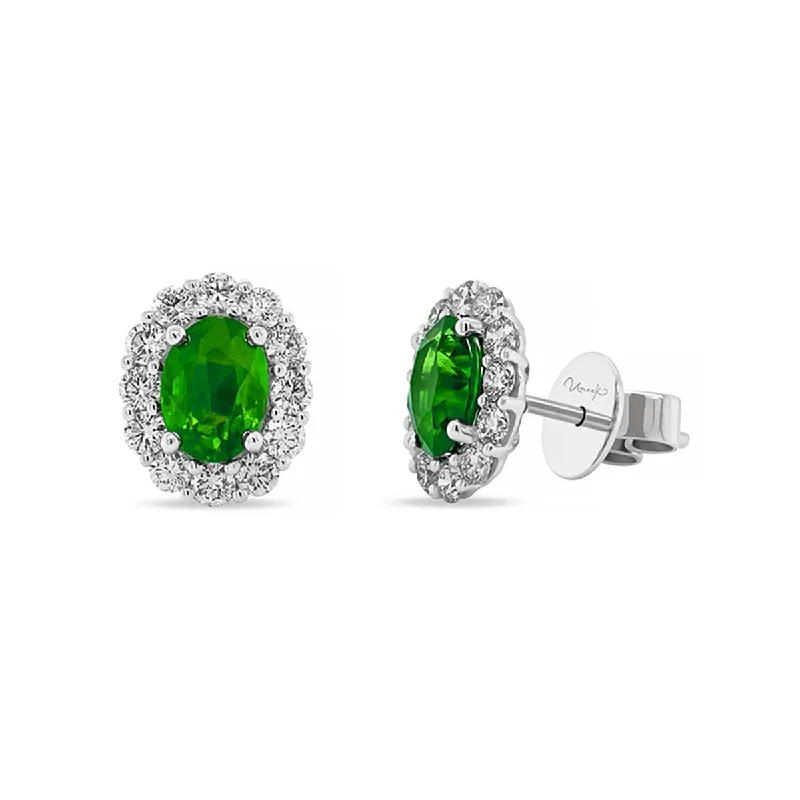 women’s luxury hoop earrings-Oval Emerald and Diamond Halo Stud Earrings