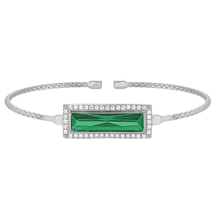 women’s gemstone bracelets-Rhodium Finish Sterling Silver Cable Cuff Bracelet with Rectangular Simulated Emerald Stone and Simulated Diamonds