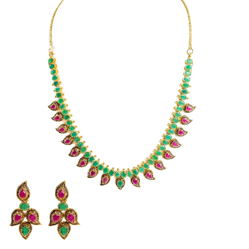 women’s romantic necklaces-22K Yellow Gold Necklace & Earrings Set W/ Rubies, Emeralds & Mango Details in Antique Finish