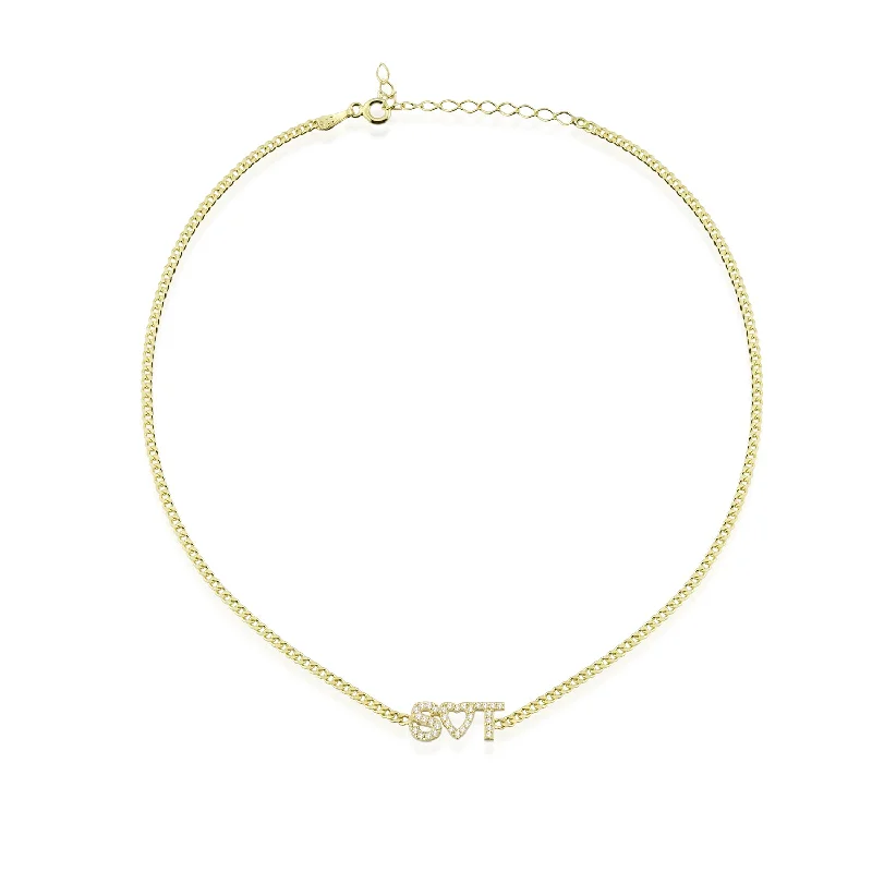 women’s art deco necklaces-Diamond Initials in Cuban Chain Necklace