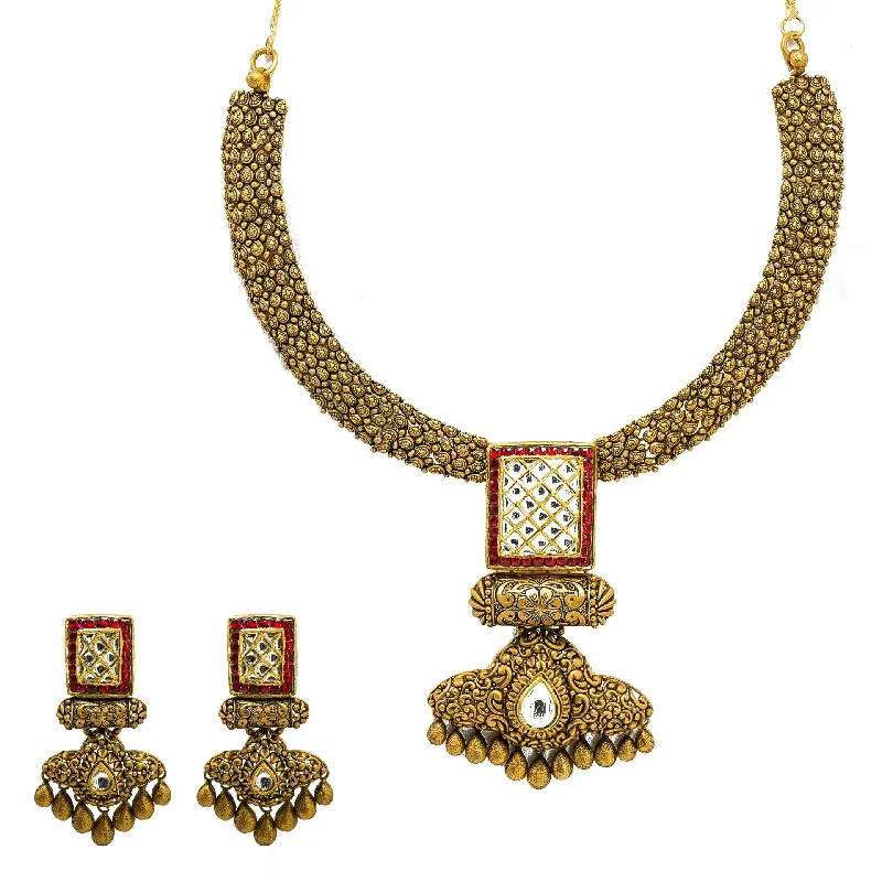 women’s sparkling necklaces-22K Yellow Gold Temple Necklace & Earring Set W/ Kundan & Rubies on Jewelled Double Drop Square Pendant