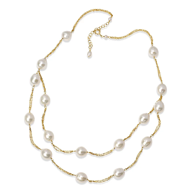 women’s minimalist chain necklaces-Double Chain Freshwater Cultured Pearl Necklace, Sterling with Gold Plating