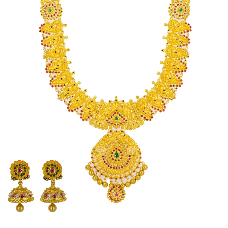 women’s zodiac necklaces-22K Yellow Gold Long Necklace & Jhumki Earrings W/ Rubies, Emeralds, CZ & Peacock Accented Necklace