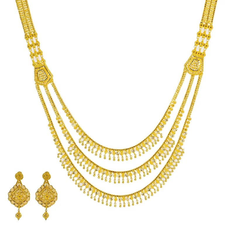 women’s gemstone necklaces-22K Yellow Antique Gold Long Necklace & Earrings Set W/ Emeralds, Rubies, CZ & Large Ornate Pendant