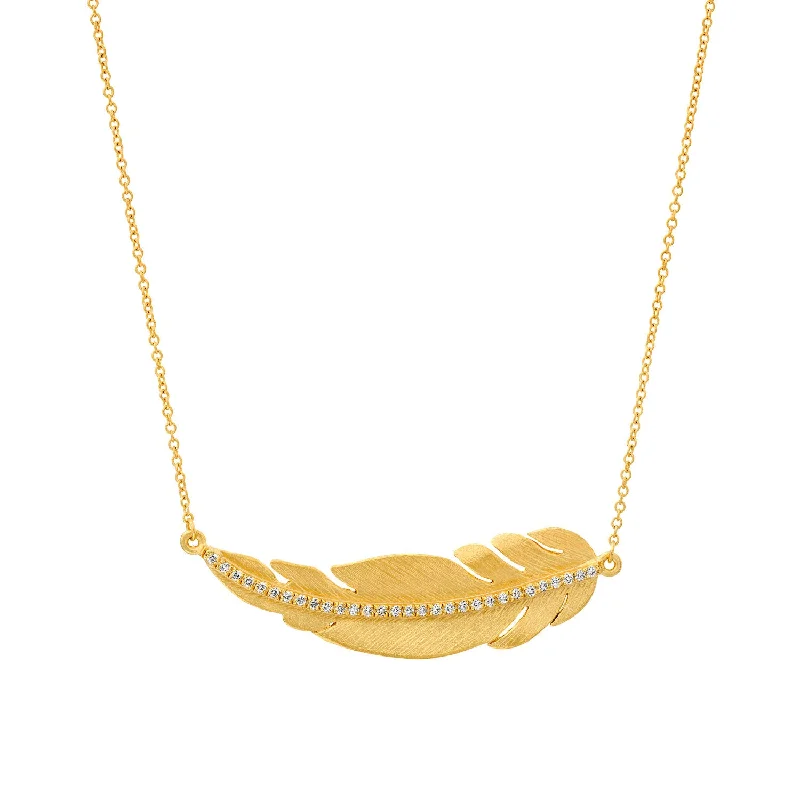 women’s solitaire necklaces-Diamond Feather Necklace, 14K Yellow Gold