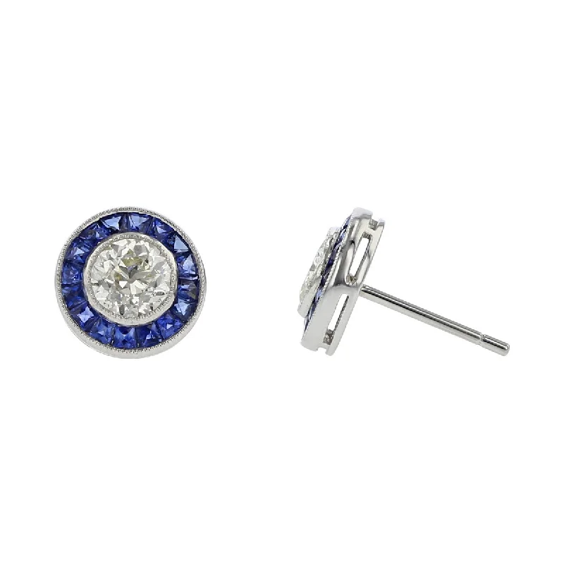 women’s gold hoop earrings-Platinum Diamond and Sapphire Halo Stud Earrings