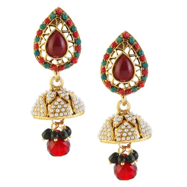 women’s geometric drop earrings-Kriaa Green Pota Stone Antique Gold Plated Pack Of 6 Jhumki Earrings