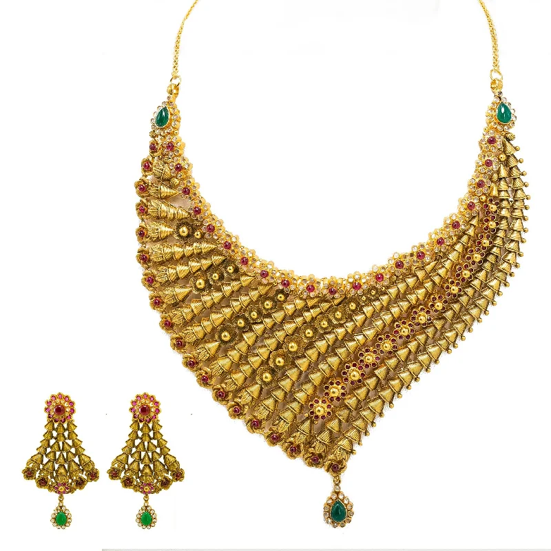 women’s diamond-studded necklaces-22K Yellow Gold Necklace & Earring Set W/ Ruby, Emerald, CZ Gems, Clustered Flowers & Gold Caps Design