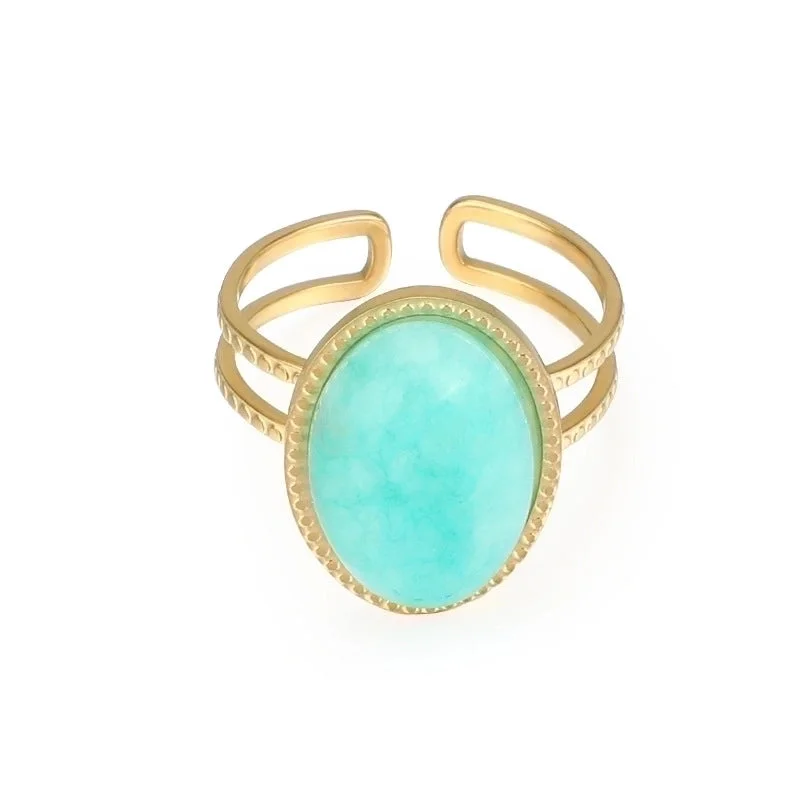 women’s gold rings-Simple Retro Turquoise Inlaid Opening Adjustable Stainless Steel Ring