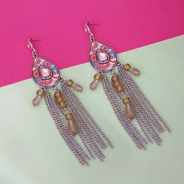 women’s crystal drop earrings-Urthn Rhodium Plated Pink Stone Chain Drop Tassel Earrings - 1311827C