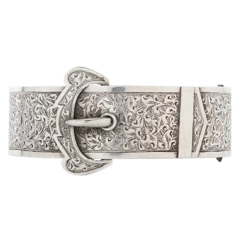 women’s heart-shaped bracelets-Silver Floral Buckle Bangle