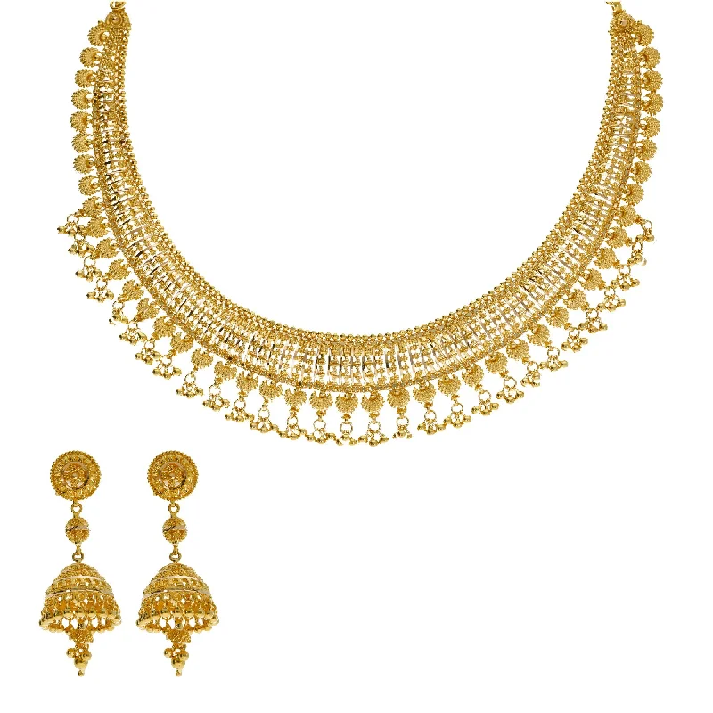 women’s silver charm necklaces-22K Yellow Gold Necklace & Jhumki Earrings Set W/ Egyptian Collar & Seashell Accents