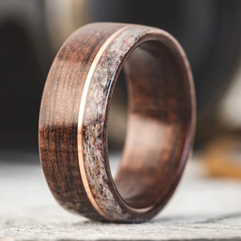 women’s halo diamond engagement rings-The High Country | Men's Antique Walnut Wood Wedding Band with Elk Antler & Offset Metal Inlay