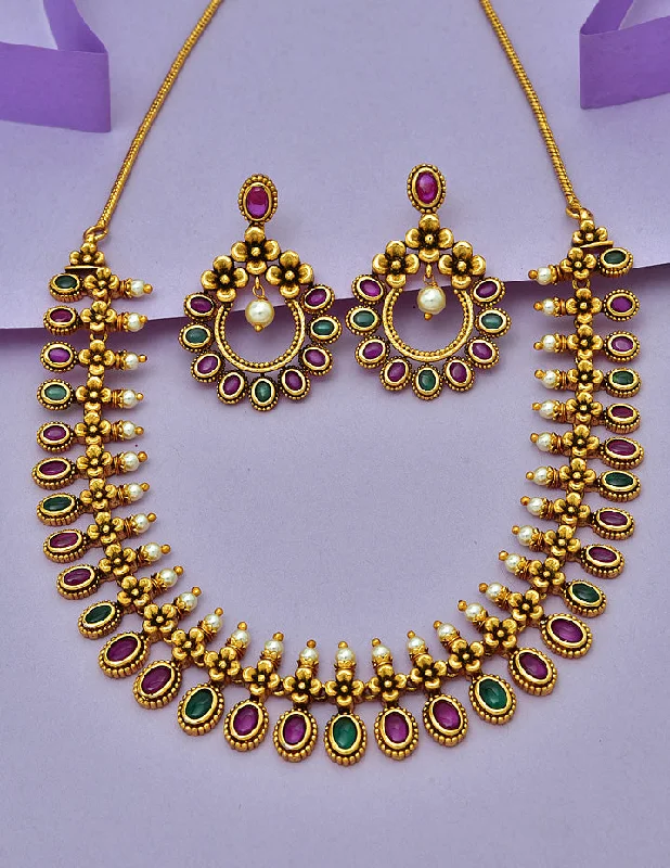 women’s geometric necklaces-Designer Antique Plated Kempu Necklace Set