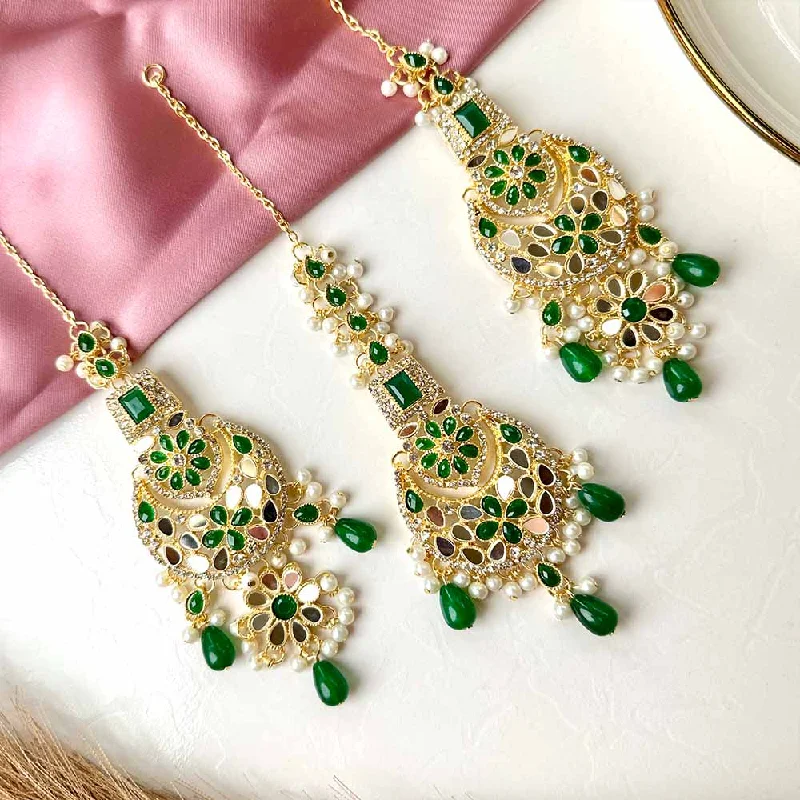 women’s long earrings-Muneera Earrings and Teeka Set (Green)