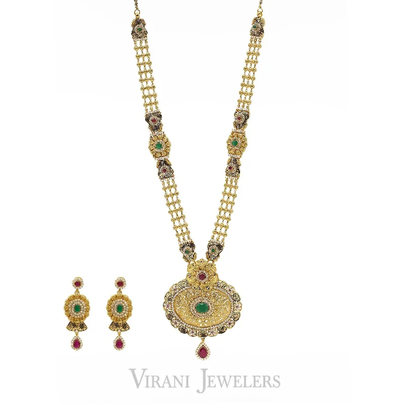 women’s celestial necklaces-22K Antique Gold Finish Long Necklace & Earring Set W/ Beaded Accents