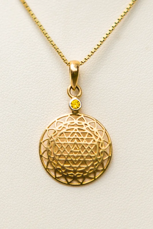 women’s romantic heart necklaces-14 kt Gold Sri Yantra Pendant Necklace Mounted in Yellow Sapphire on 18kt chain