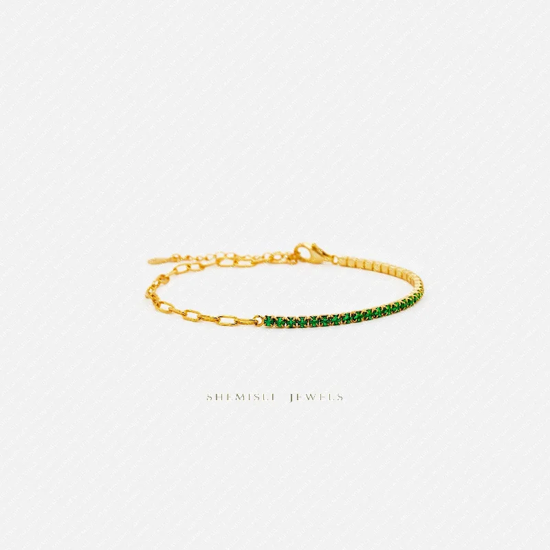 women’s wedding bracelets-Tiny Paper Clip Chain and Emerald Gem Links Bracelet, Silver or Gold Plated (6.25" + 1.25") SHEMISLI - SB006