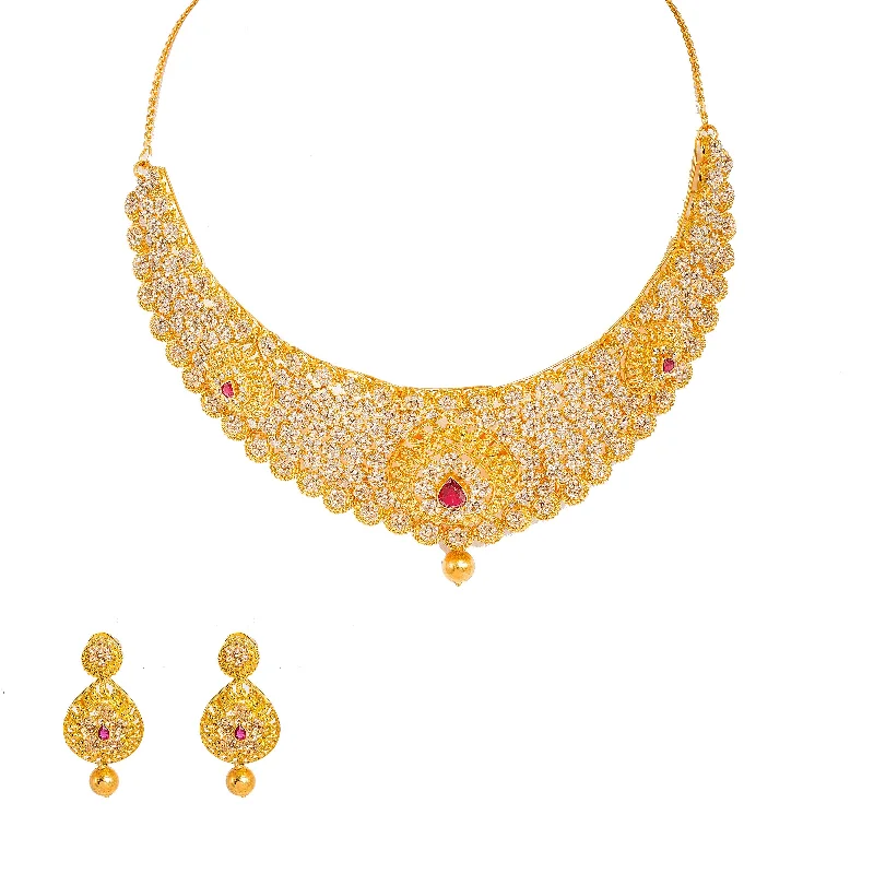 women’s red gemstone necklaces-22K Yellow Gold Diamond Necklace & Earrings Set W/ 26.98ct Uncut Diamonds, Rubies & Clustered Flowers on Bib Necklace