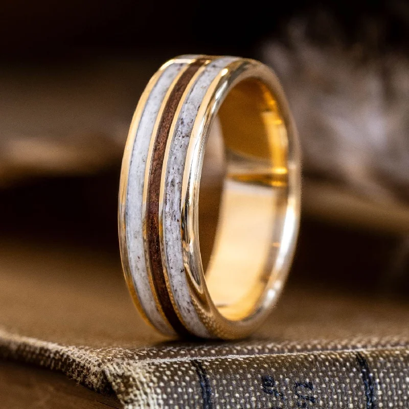 women’s custom engagement rings with diamonds-The Aspen | Men's Gold Wedding Band with Elk Antler & M1 Garand Rifle Stock Wood