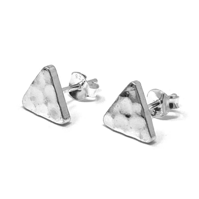 women’s flower earrings-Hammered Triangle Stud Earrings In Sterling Silver