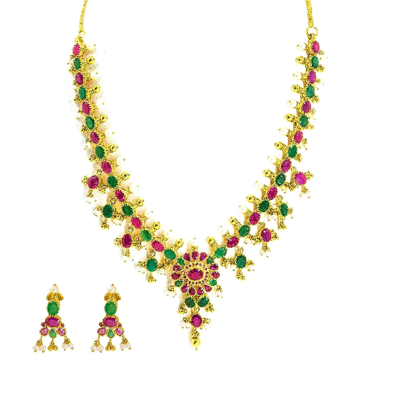 women’s chain necklaces-22K Yellow Gold Necklace & Earrings Set W/ Ruby, Emerald, Pearls & Gold Bead Ball Accents