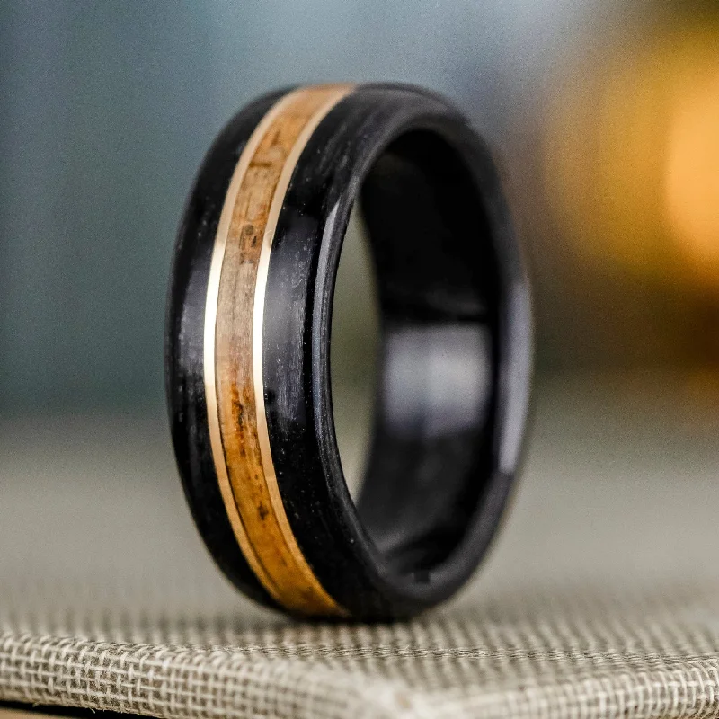 women’s affordable gold engagement rings-The Whiskey Triple | Men's Whiskey Barrel Wood Wedding Band with Dual Metal Inlays