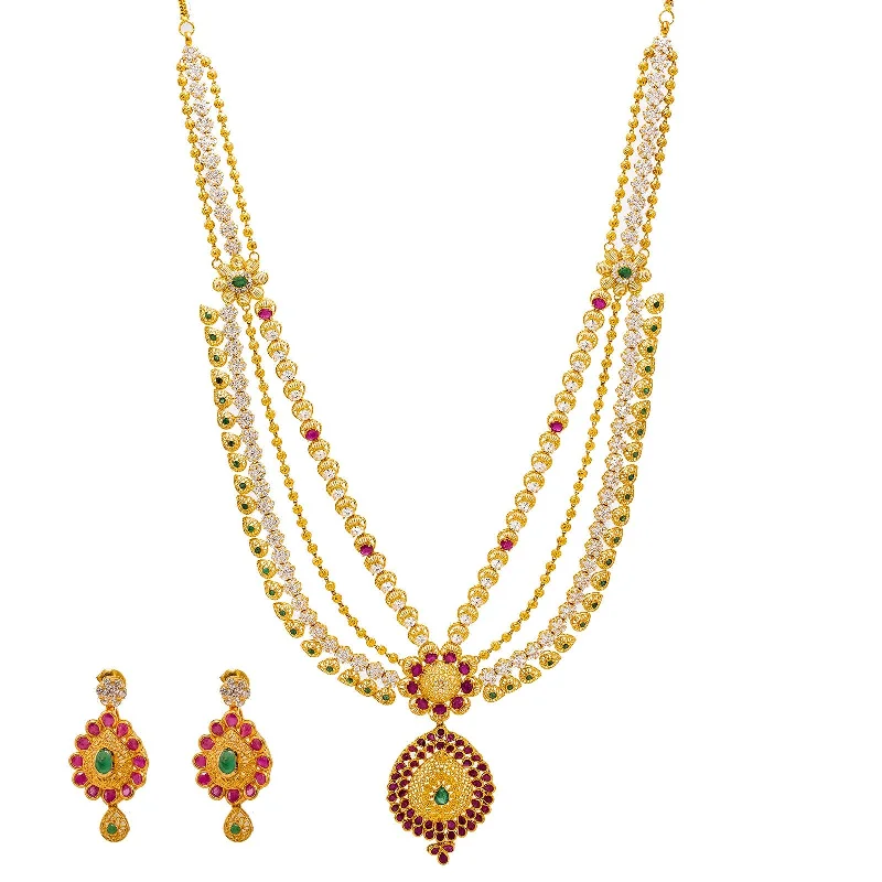 women’s silver necklaces-22K Yellow Gold Necklace & Earrings Set W/ Emeralds, Rubies, CZ Gems & Pear Pendants