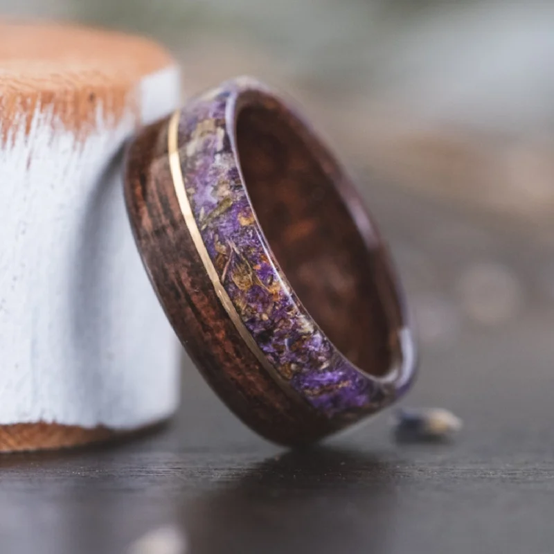 women’s gold engagement rings-The Champs-Elysees | Women's Walnut Wood Wedding Band with Lavender & Metal Inlay