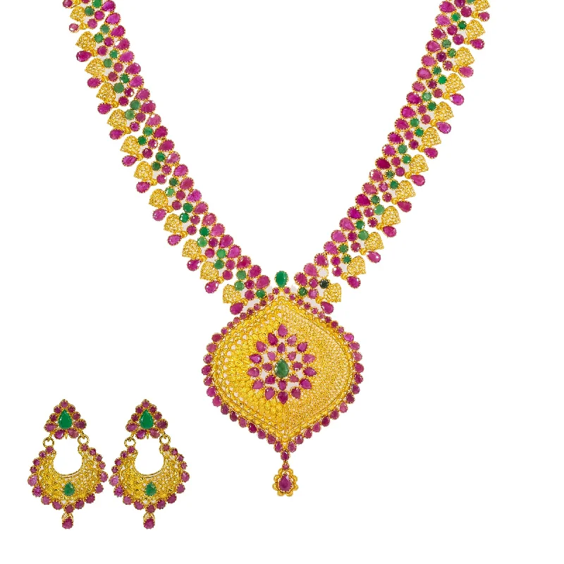 women’s statement necklaces-22K Yellow Gold Long Necklace & Chandbali Earrings Set W/ Rubies & Emeralds