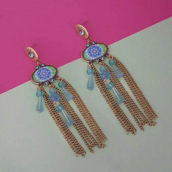 women’s eternity earrings-Urthn Gold Plated Blue Stone Chain Drop Tassel Earrings  - 1311829A