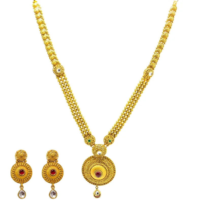 women’s boho necklaces-22K Yellow Gold Necklace & Earrings Set W/ Kundan, Emeralds, Rubies & Round Shield Pendants